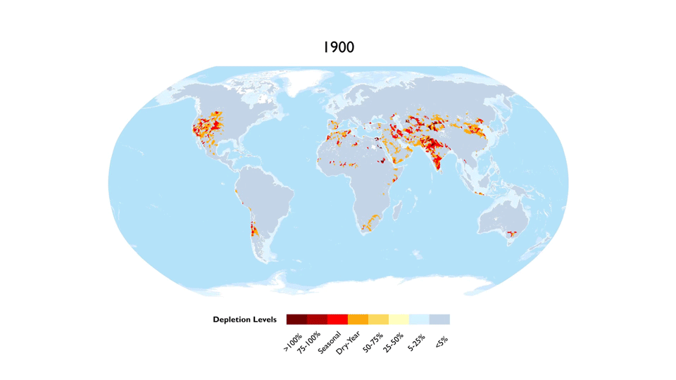 GIF showing progression of water scarcity from 1990 - 2005.